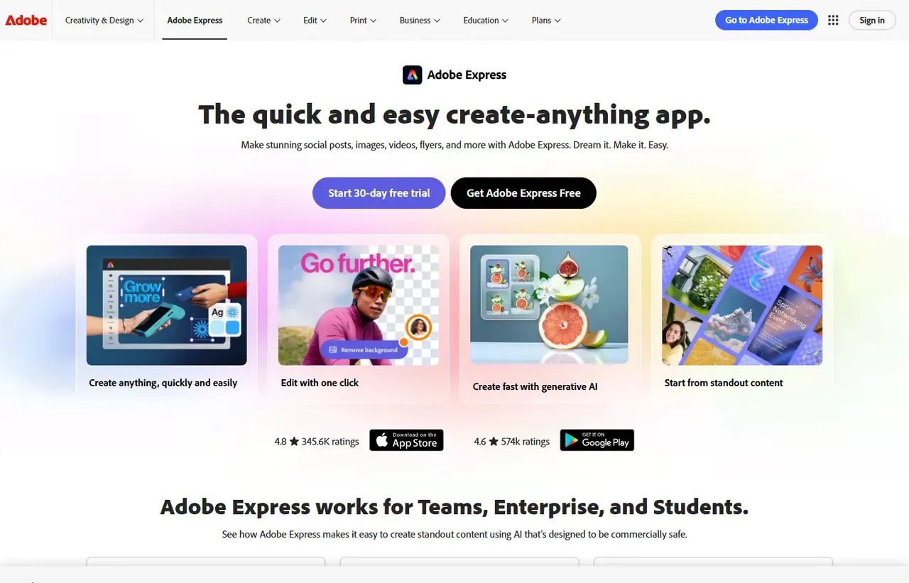 Adobe Express homepage, showing how the product presents itself