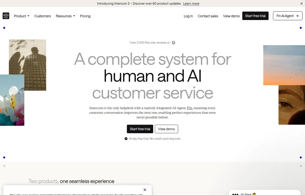 Intercom homepage, showing how the product presents itself