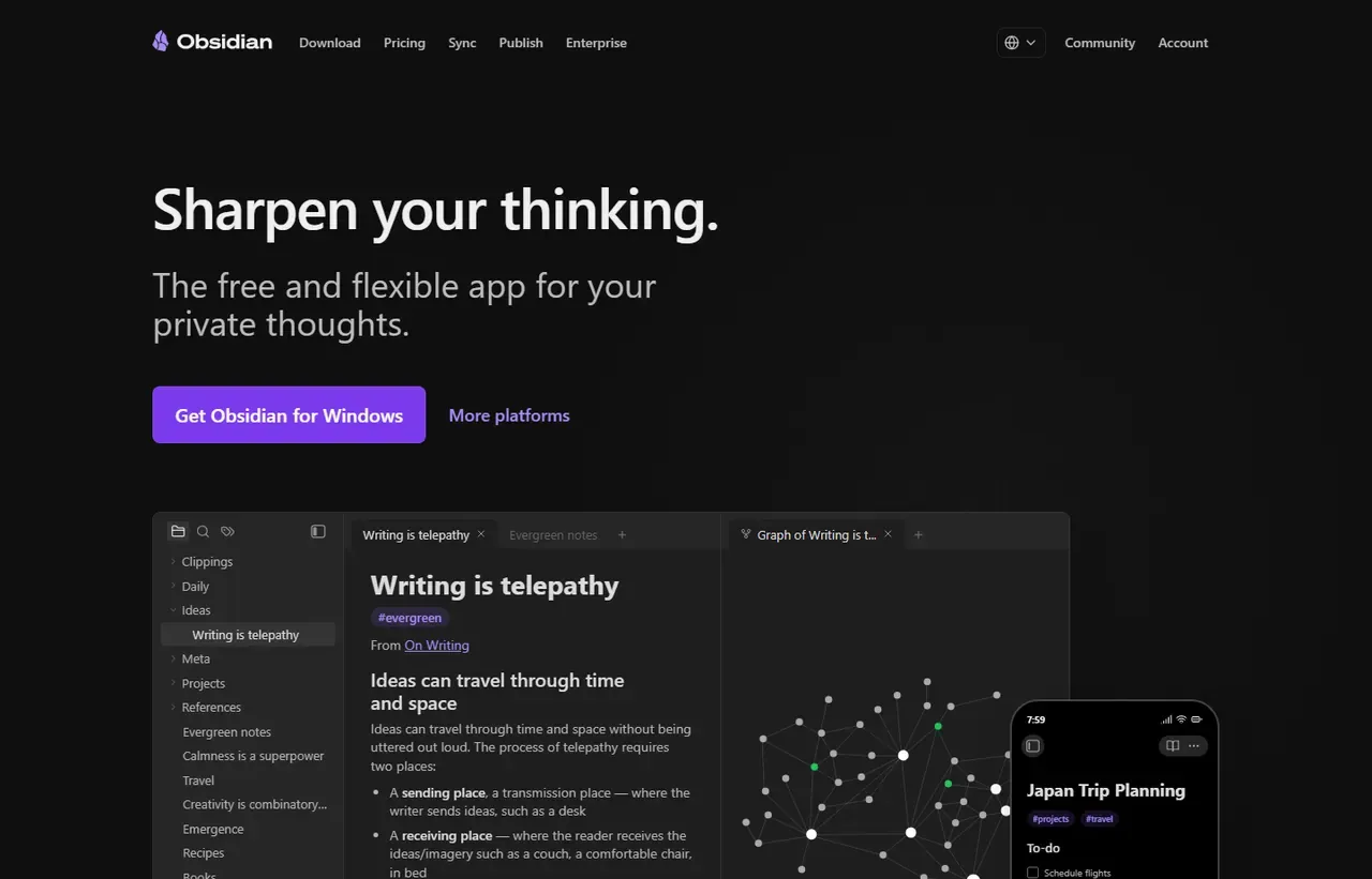 Obsidian homepage, showing how the product presents itself