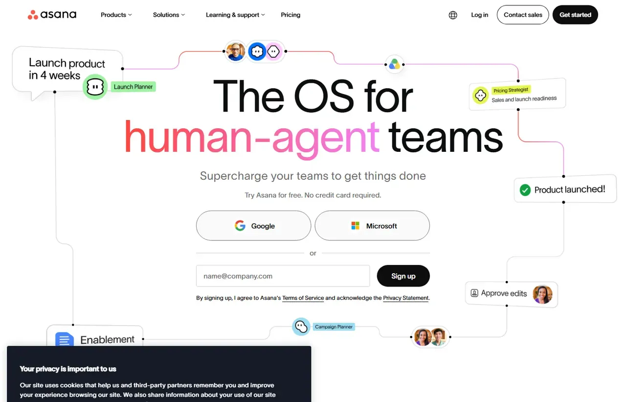 Asana homepage, showing how the product presents itself