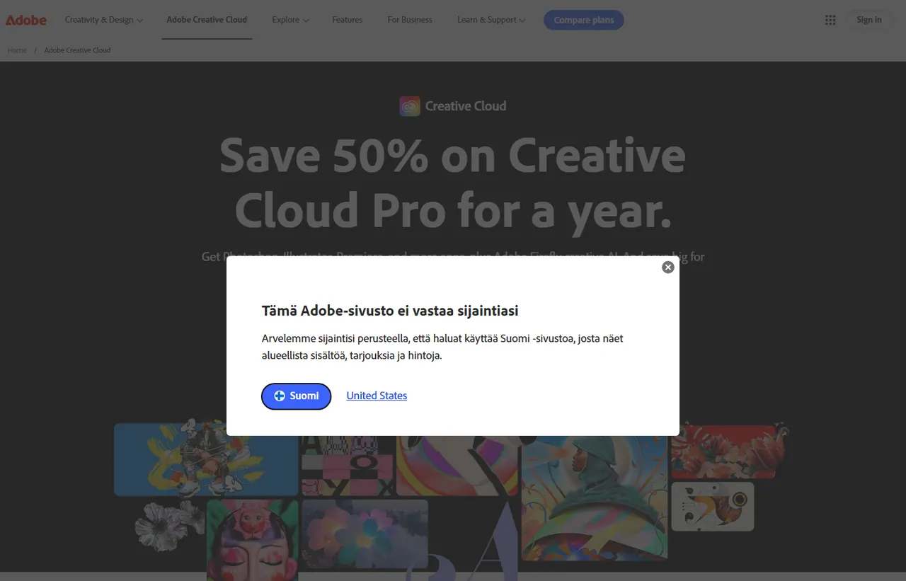 Adobe Creative Cloud pricing page, showing the published plans and prices recorded on this page