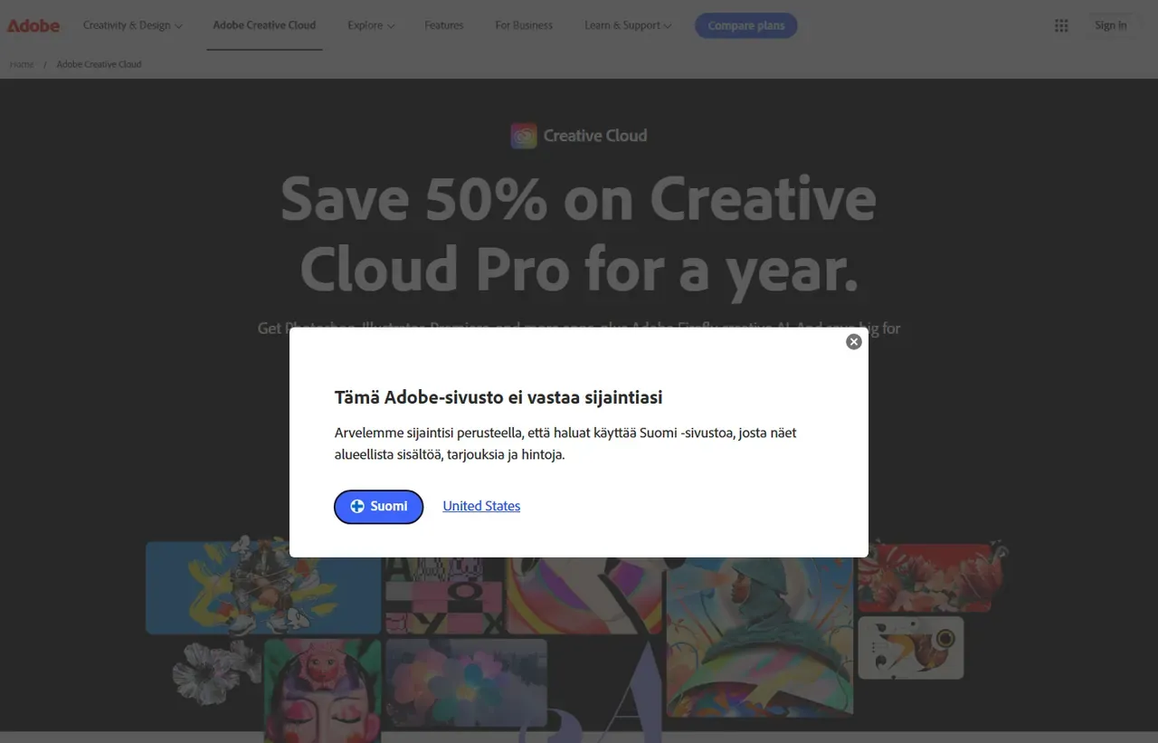 Adobe Creative Cloud homepage, showing how the product presents itself
