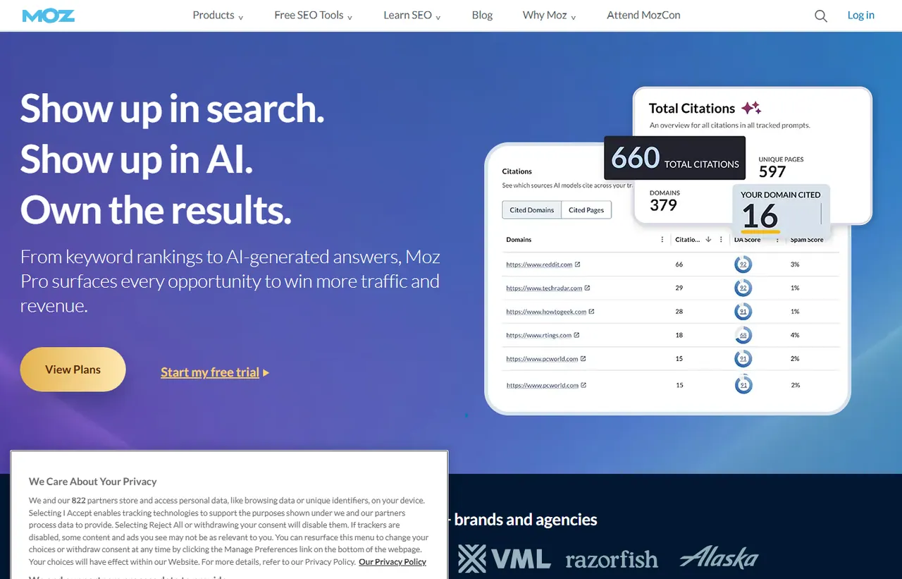 Moz Pro pricing page, showing the published plans and prices recorded on this page