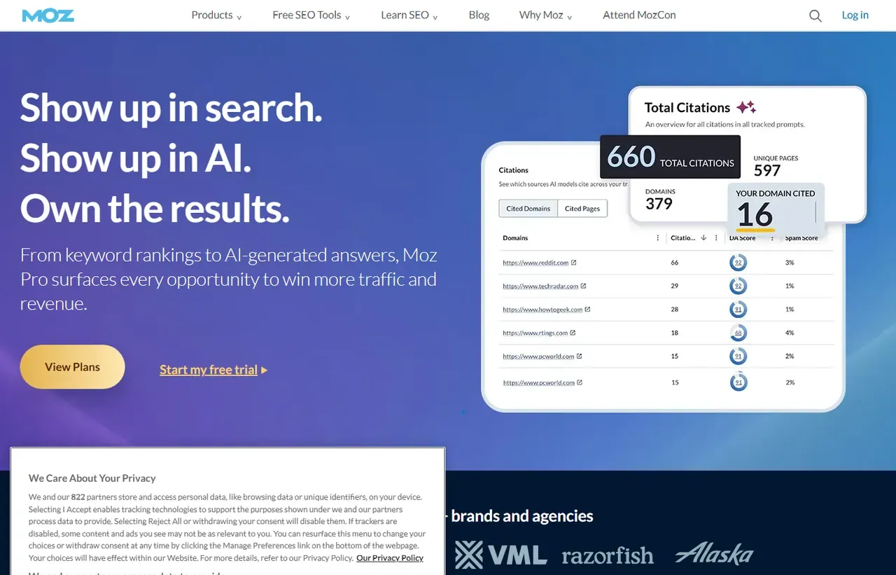 Moz Pro homepage, showing how the product presents itself