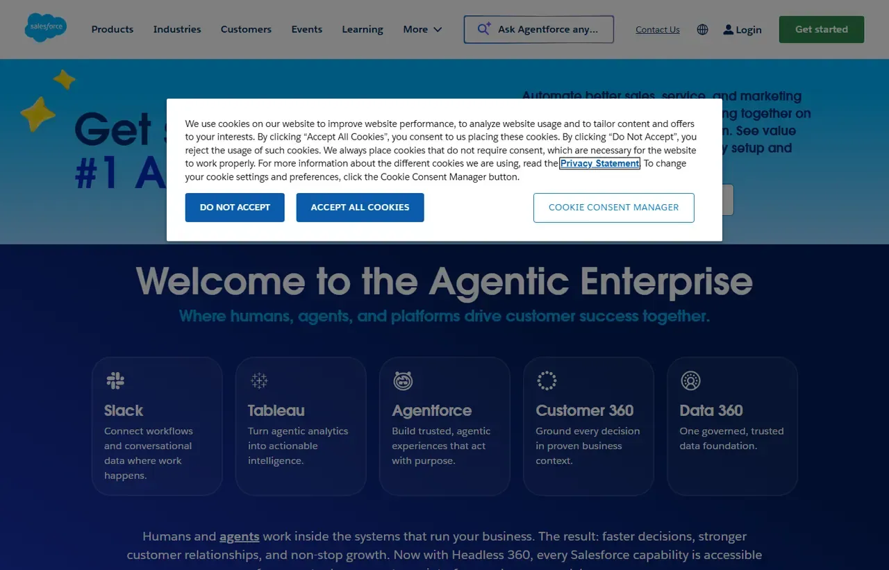 Salesforce homepage, showing how the product presents itself