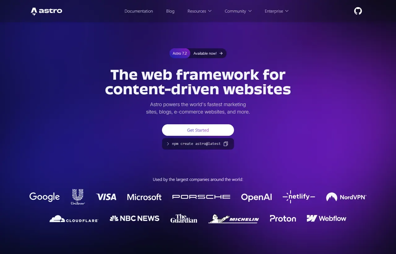 Astro homepage, showing how the product presents itself