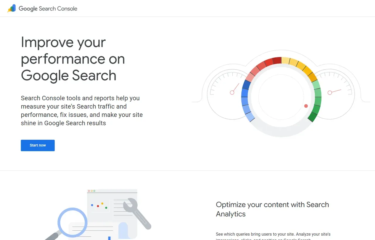 Google Search Console homepage, showing how the product presents itself
