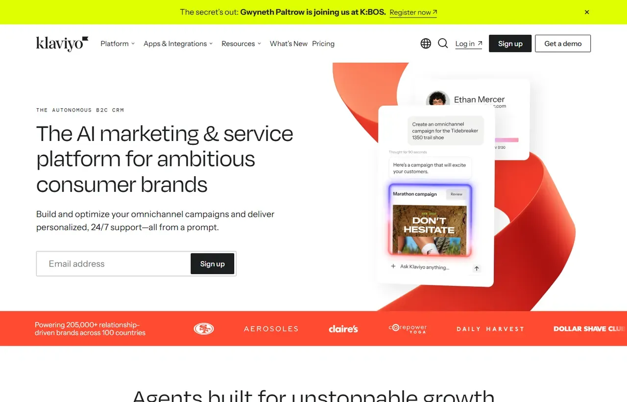 Klaviyo homepage, showing how the product presents itself