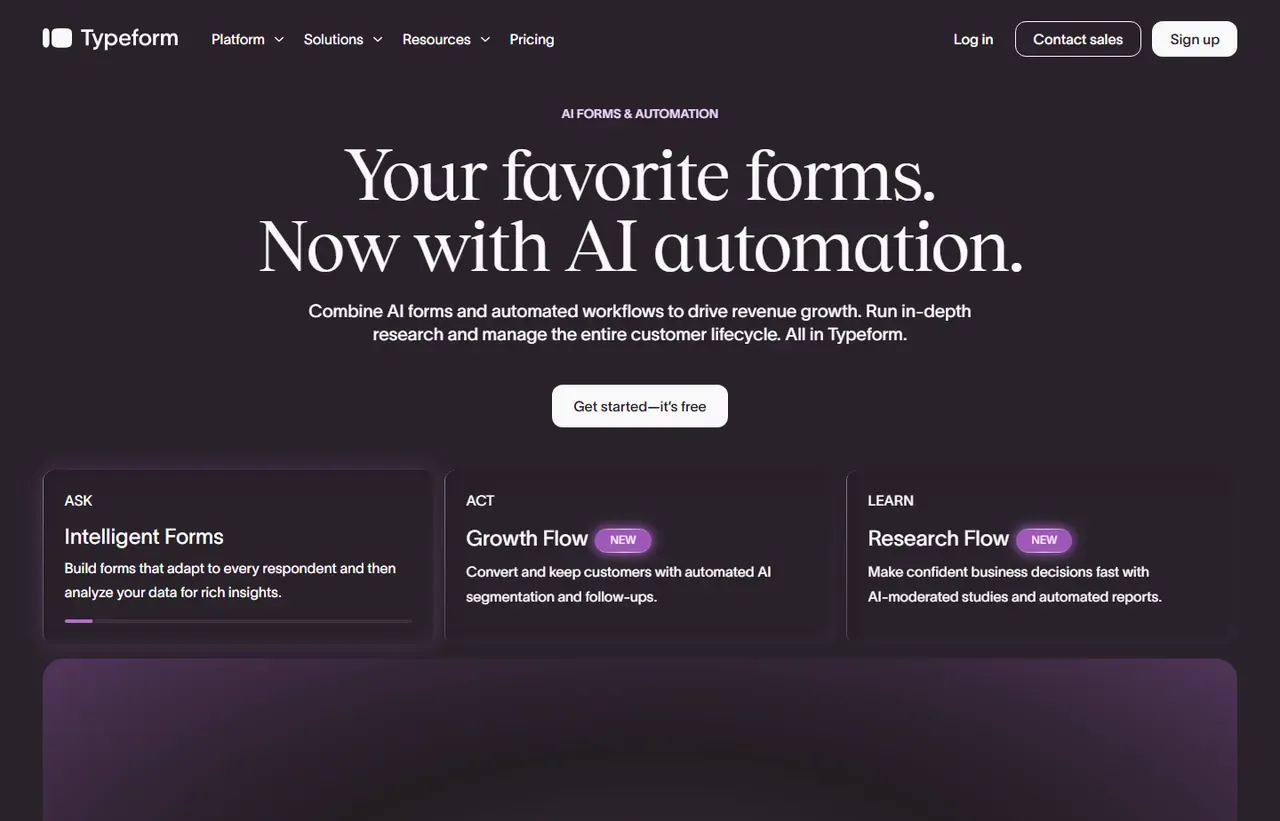Typeform homepage, showing how the product presents itself