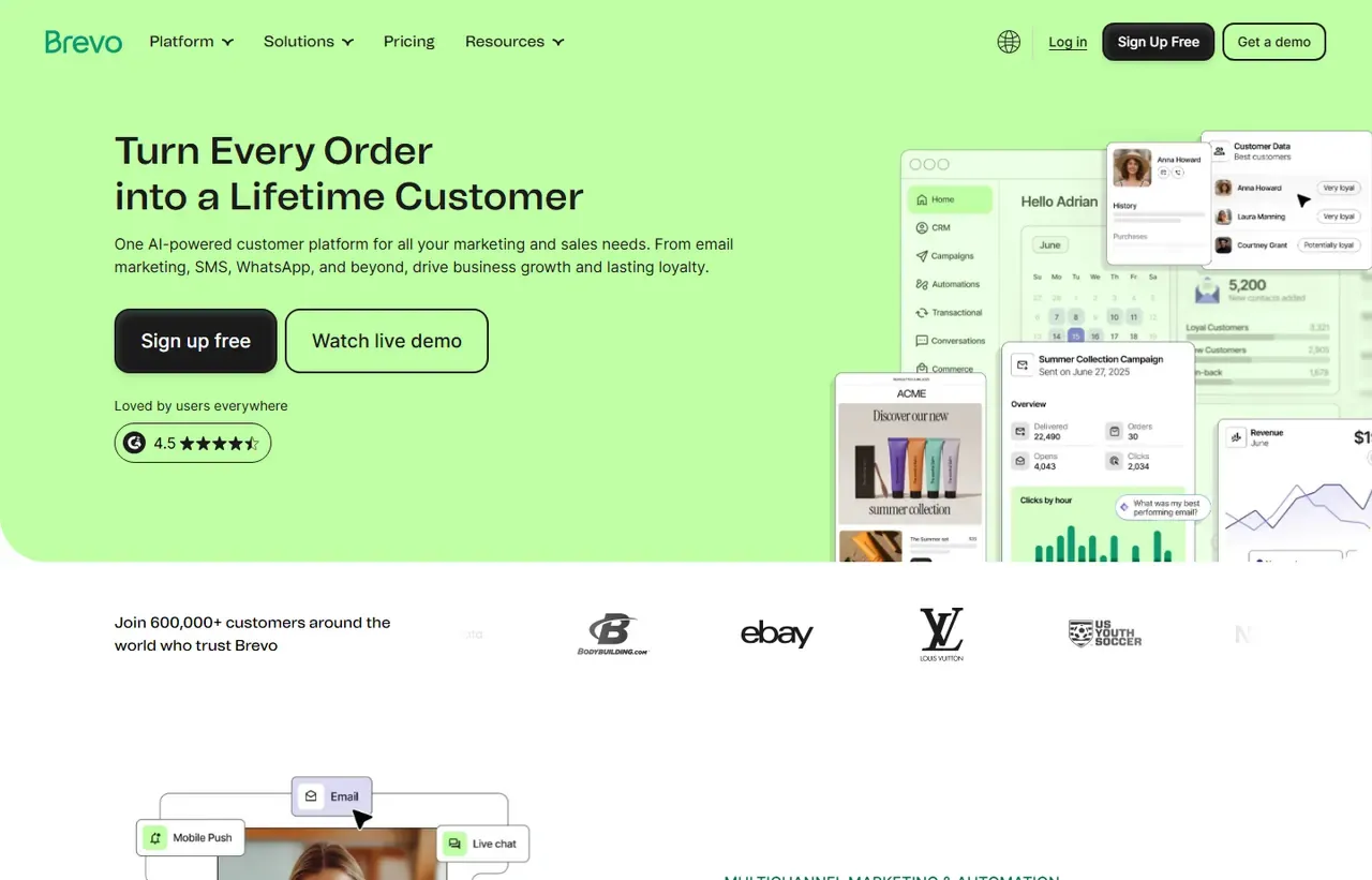 Brevo homepage, showing how the product presents itself