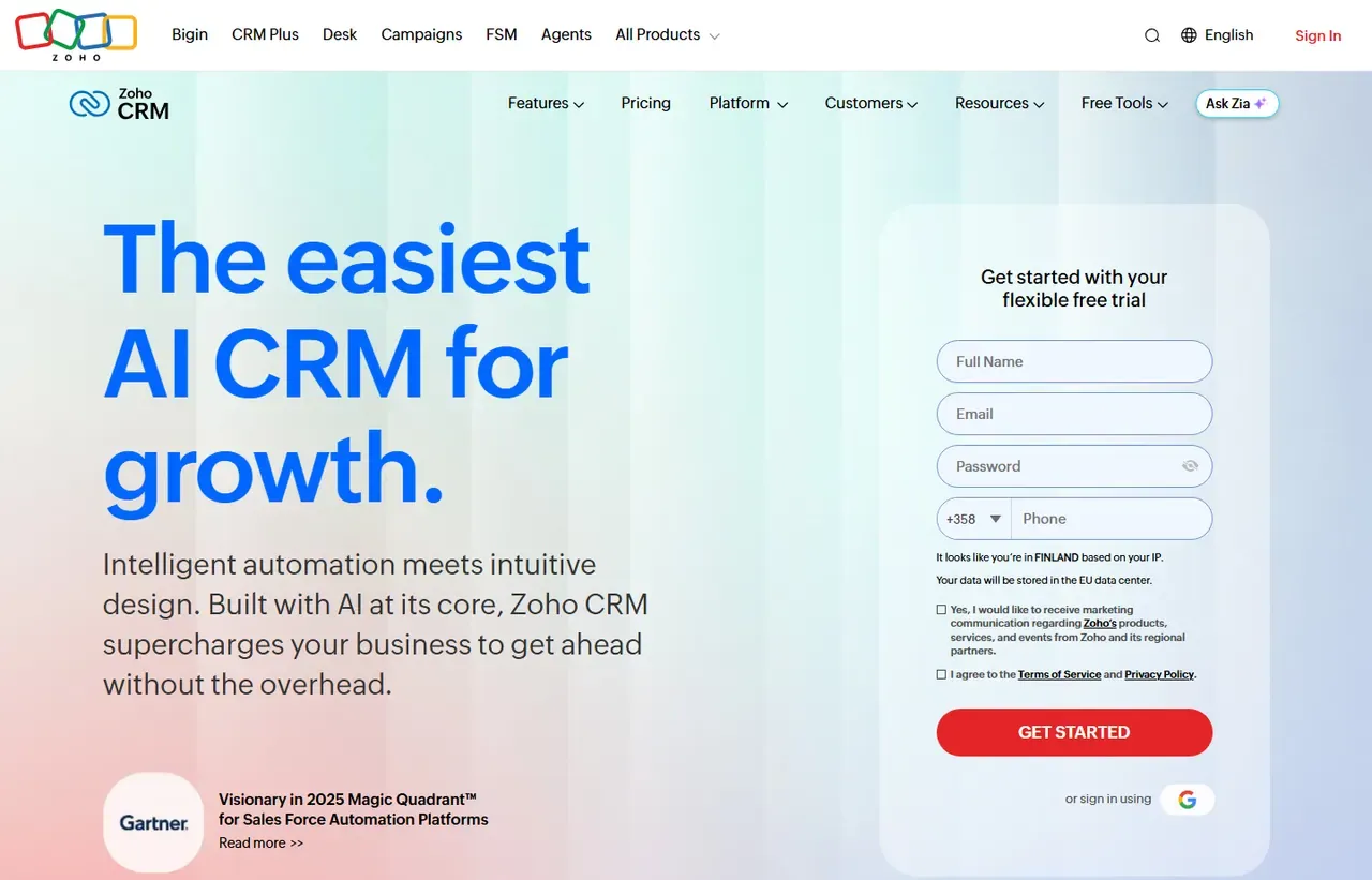 Zoho CRM homepage, showing how the product presents itself