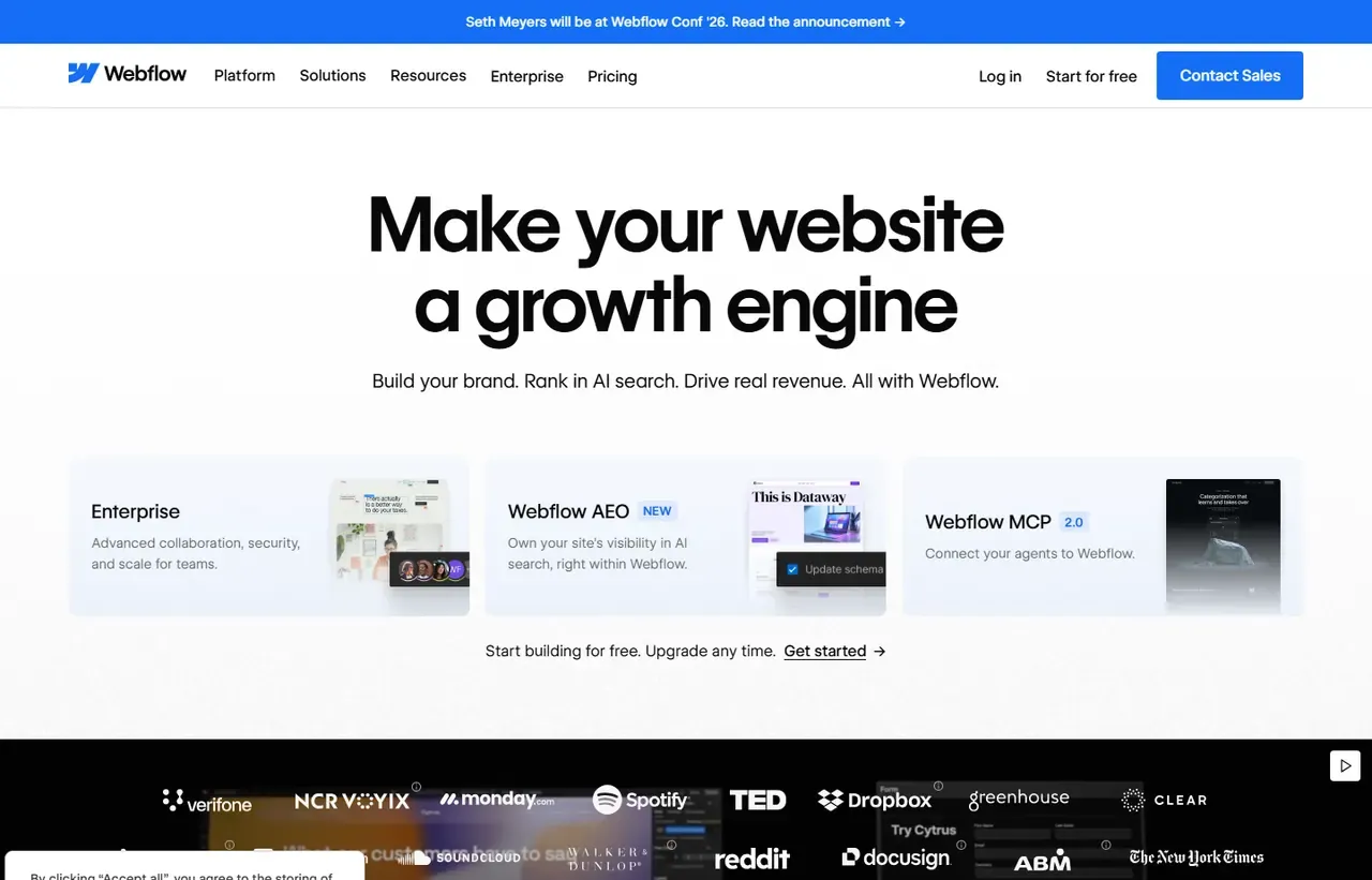 Webflow homepage, showing how the product presents itself