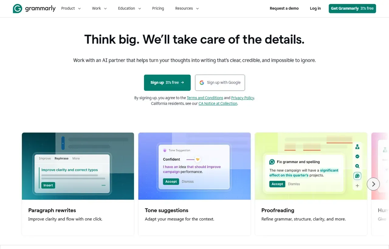 Grammarly homepage, showing how the product presents itself
