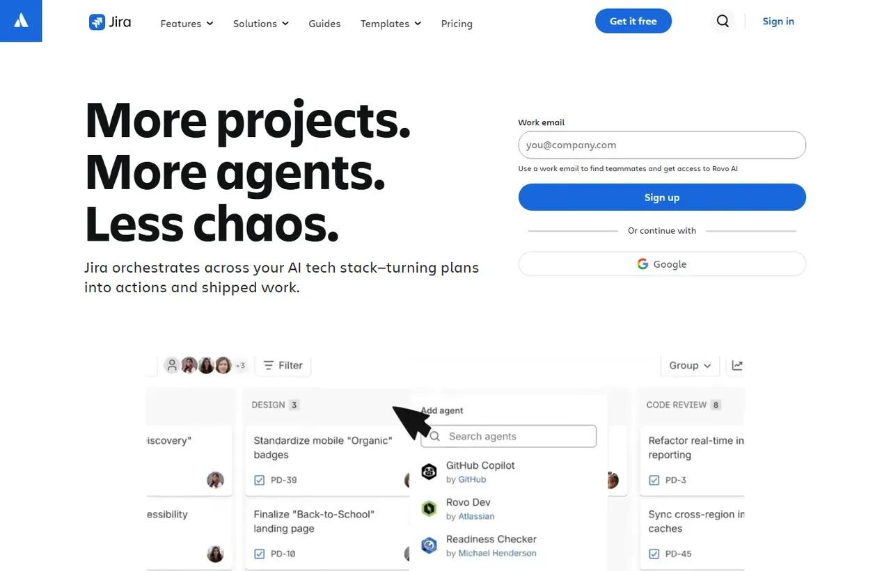 Jira homepage, showing how the product presents itself