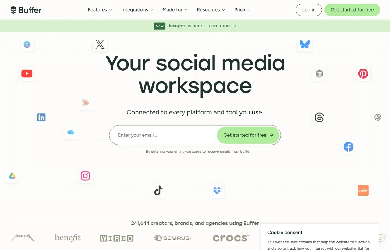 Buffer homepage, showing how the product presents itself