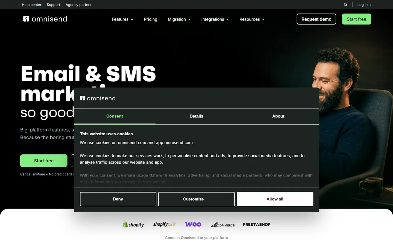 Omnisend homepage, showing how the product presents itself