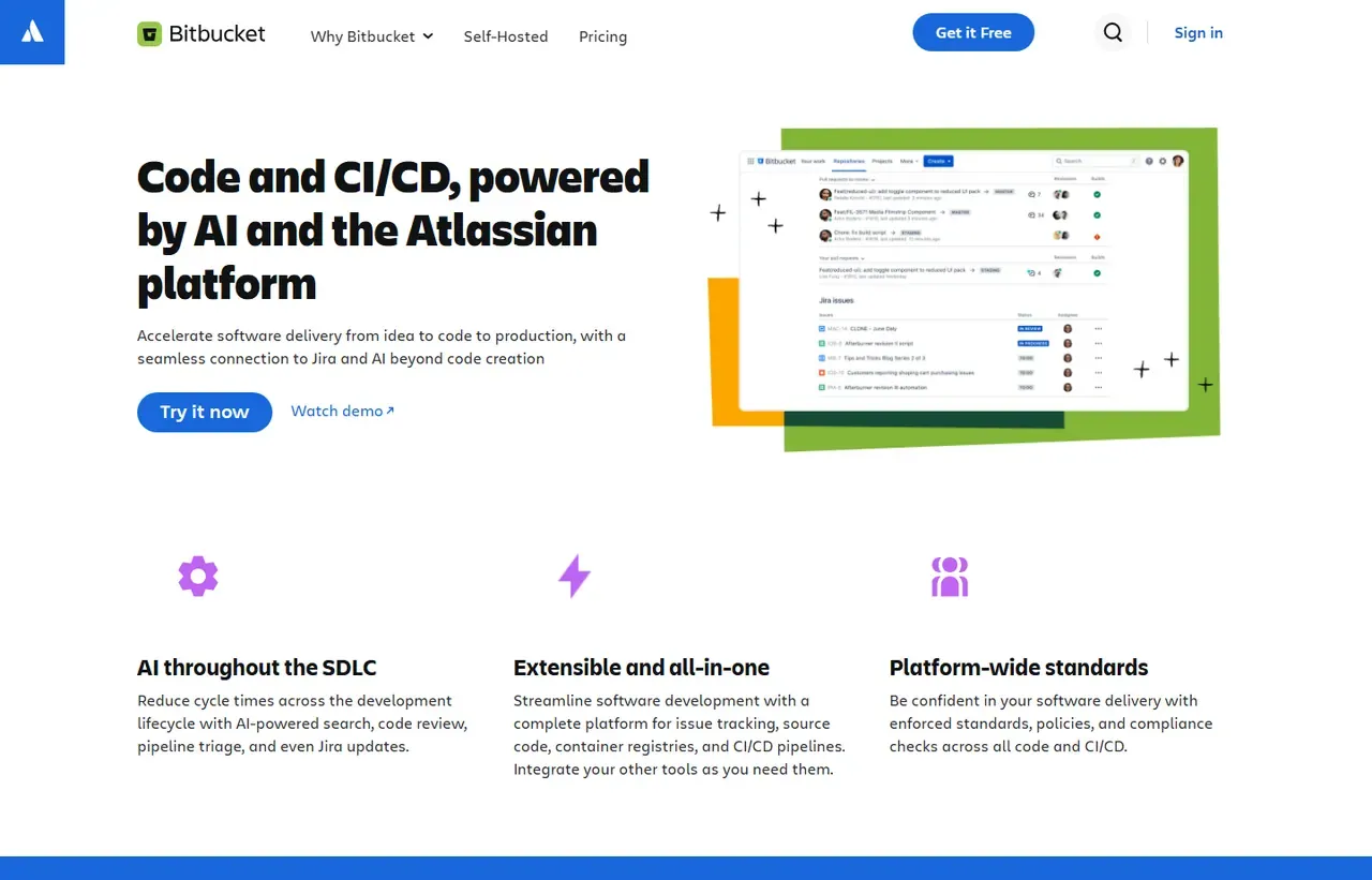 Bitbucket homepage, showing how the product presents itself