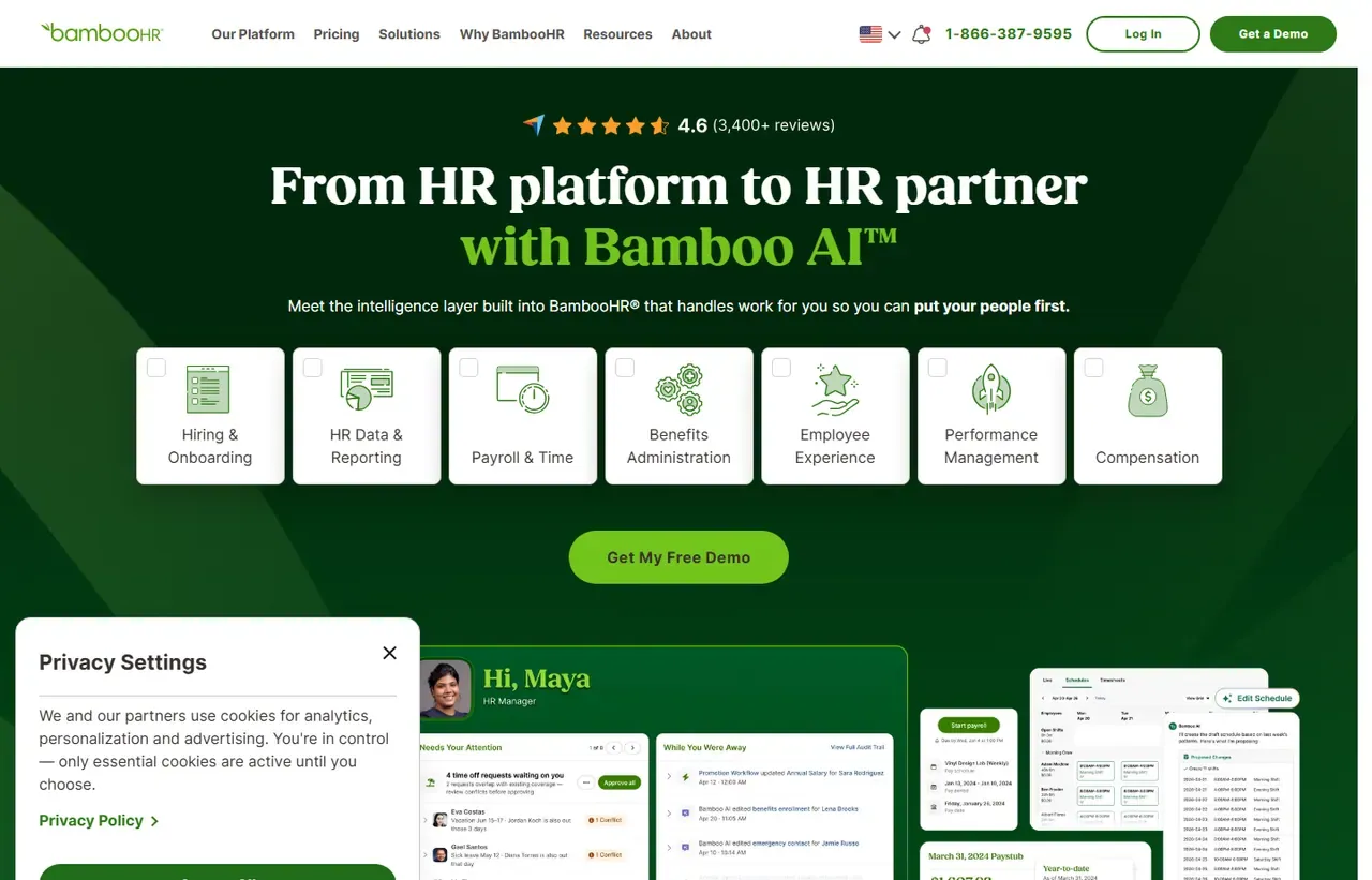 BambooHR homepage, showing how the product presents itself