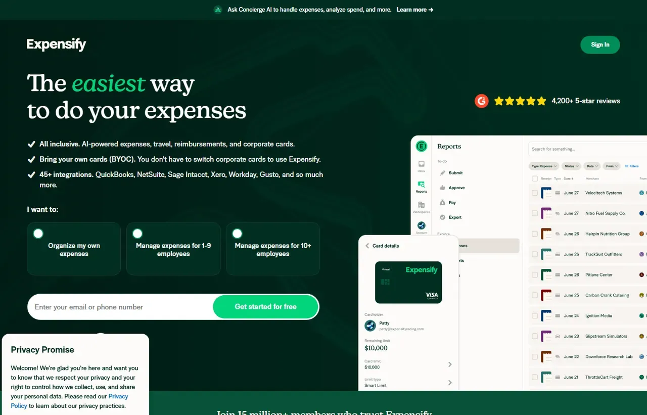 Expensify homepage, showing how the product presents itself