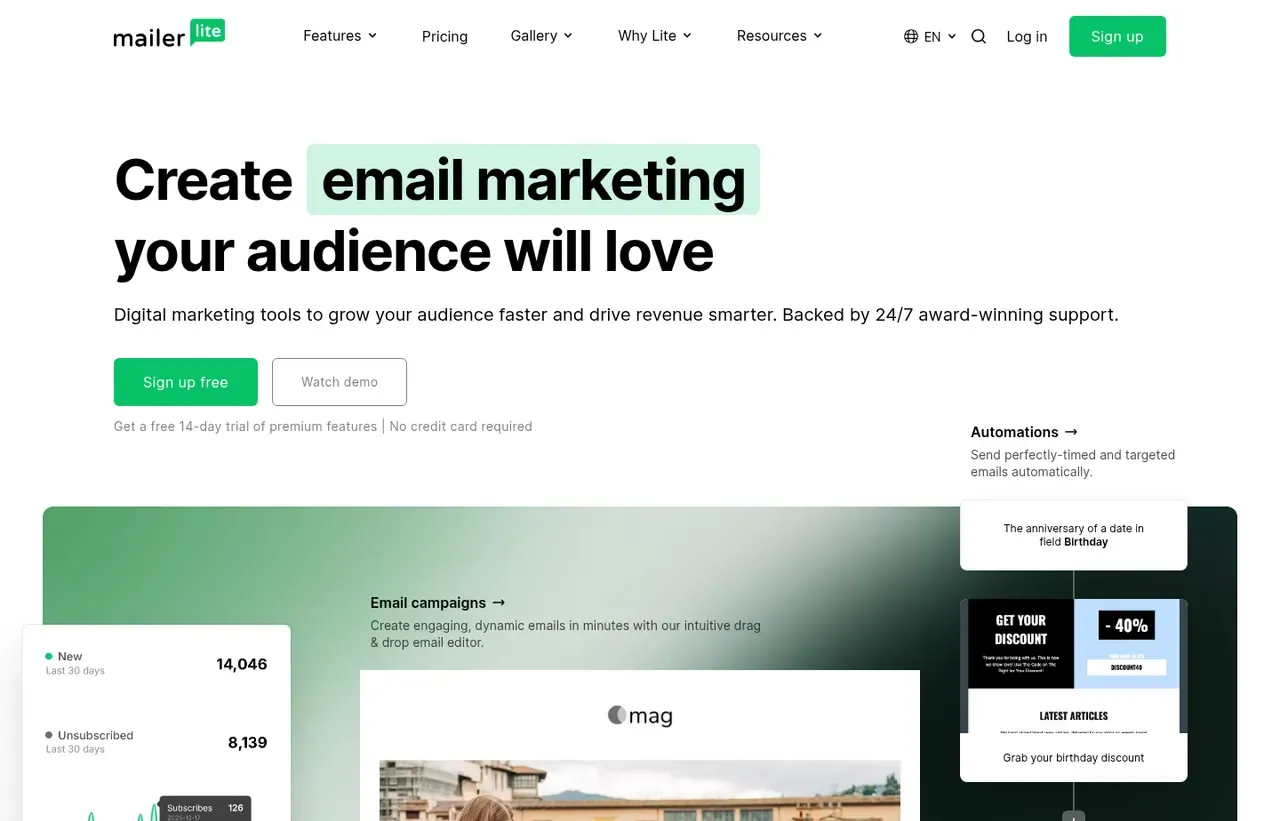 MailerLite homepage, showing how the product presents itself