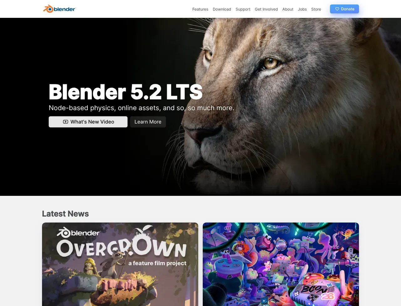 Blender homepage, showing how the product presents itself
