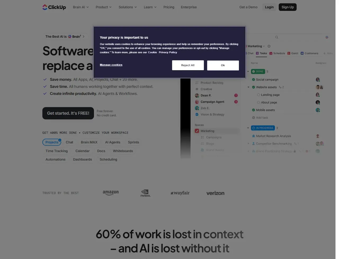 ClickUp homepage, showing how the product presents itself