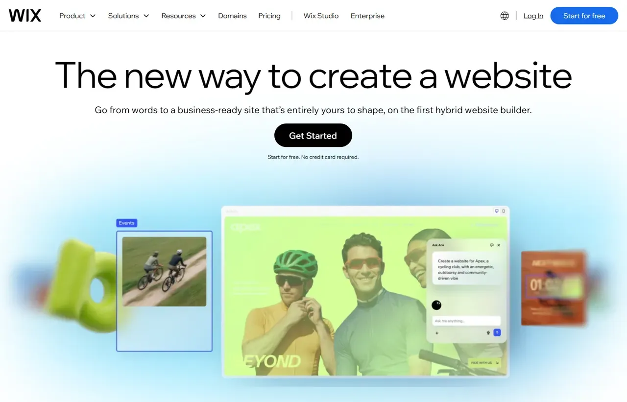 Wix homepage, showing how the product presents itself