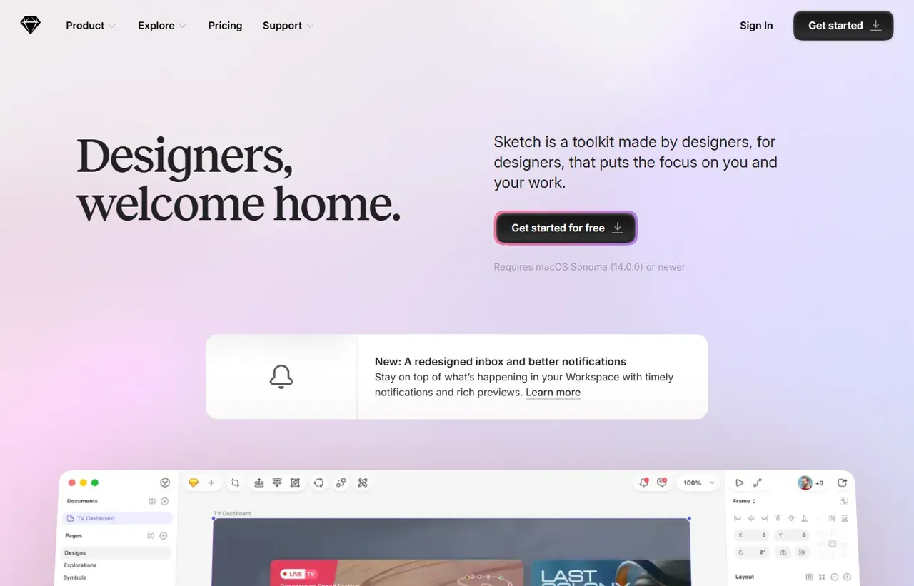 Sketch homepage, showing how the product presents itself
