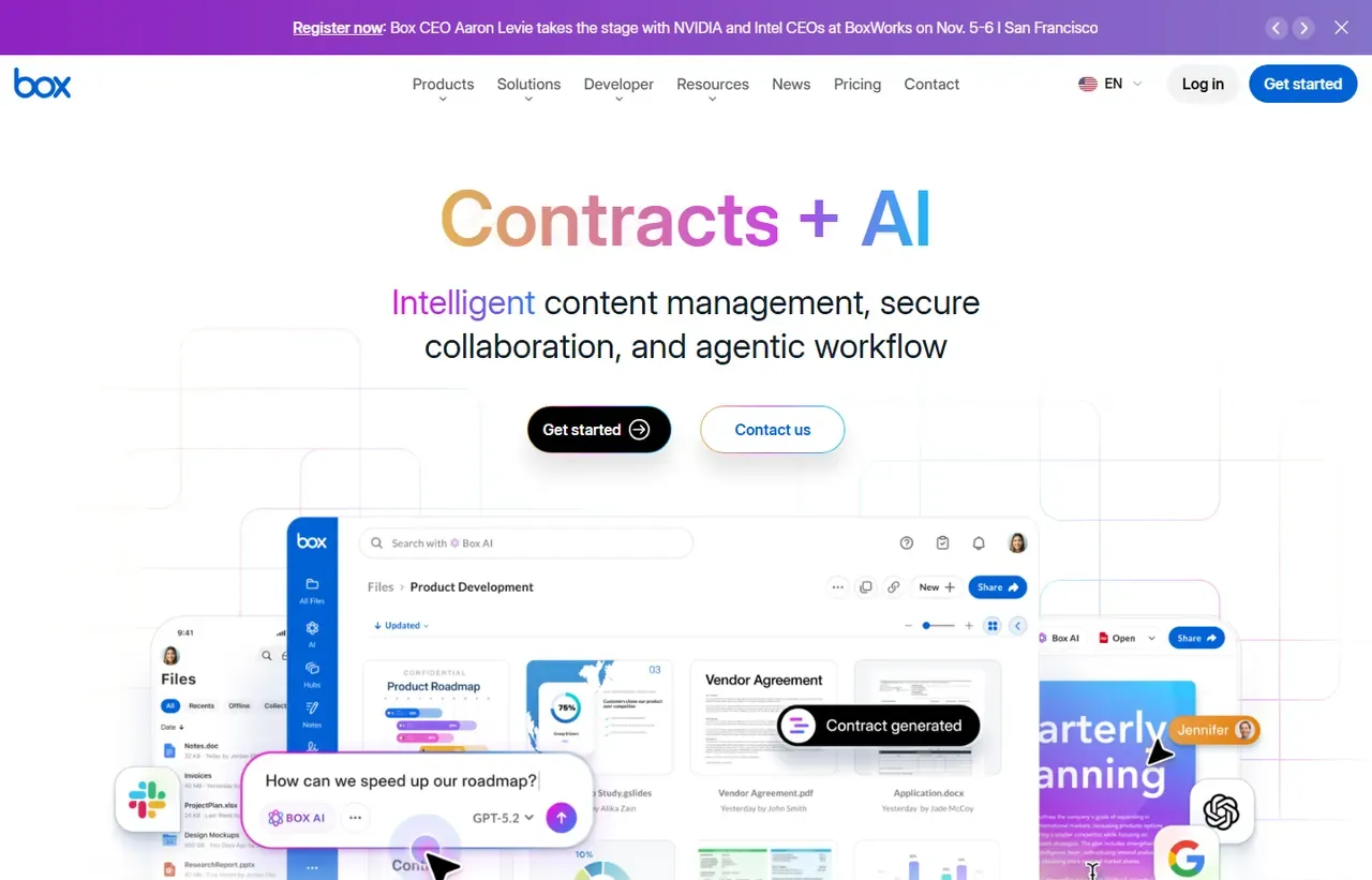 Box homepage, showing how the product presents itself