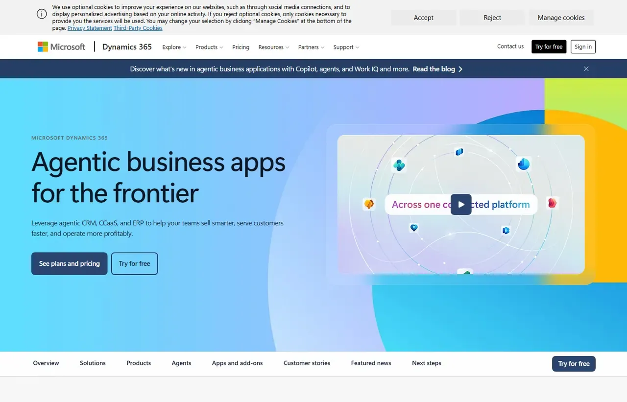 Microsoft Dynamics 365 homepage, showing how the product presents itself