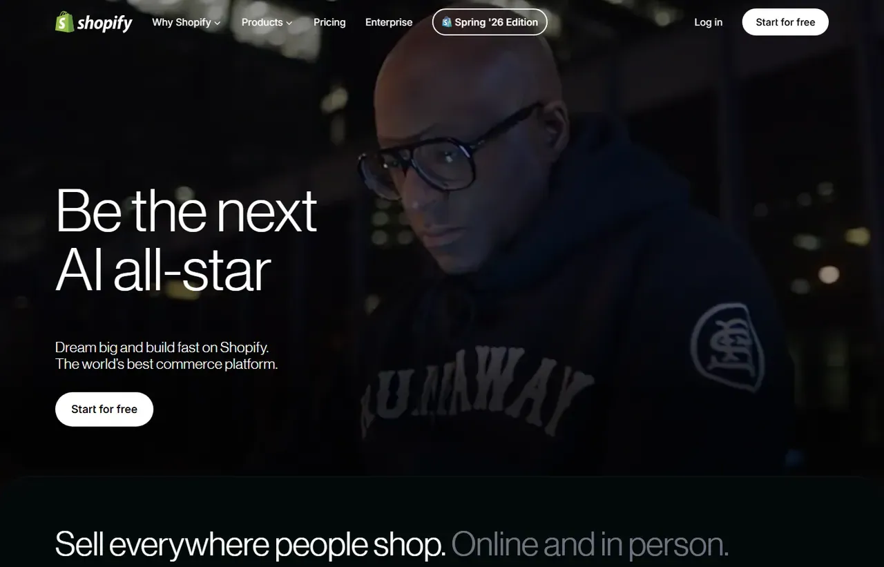 Shopify homepage, showing how the product presents itself