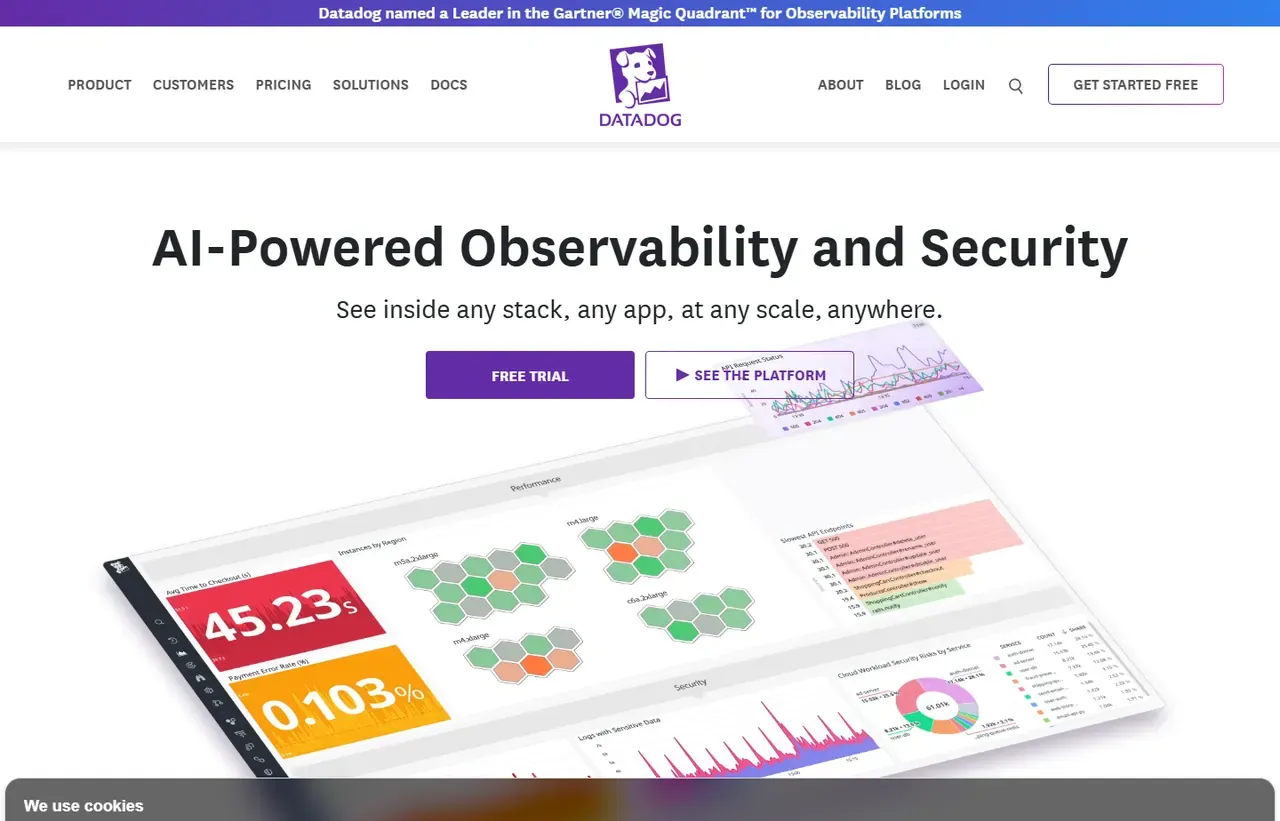 Datadog homepage, showing how the product presents itself