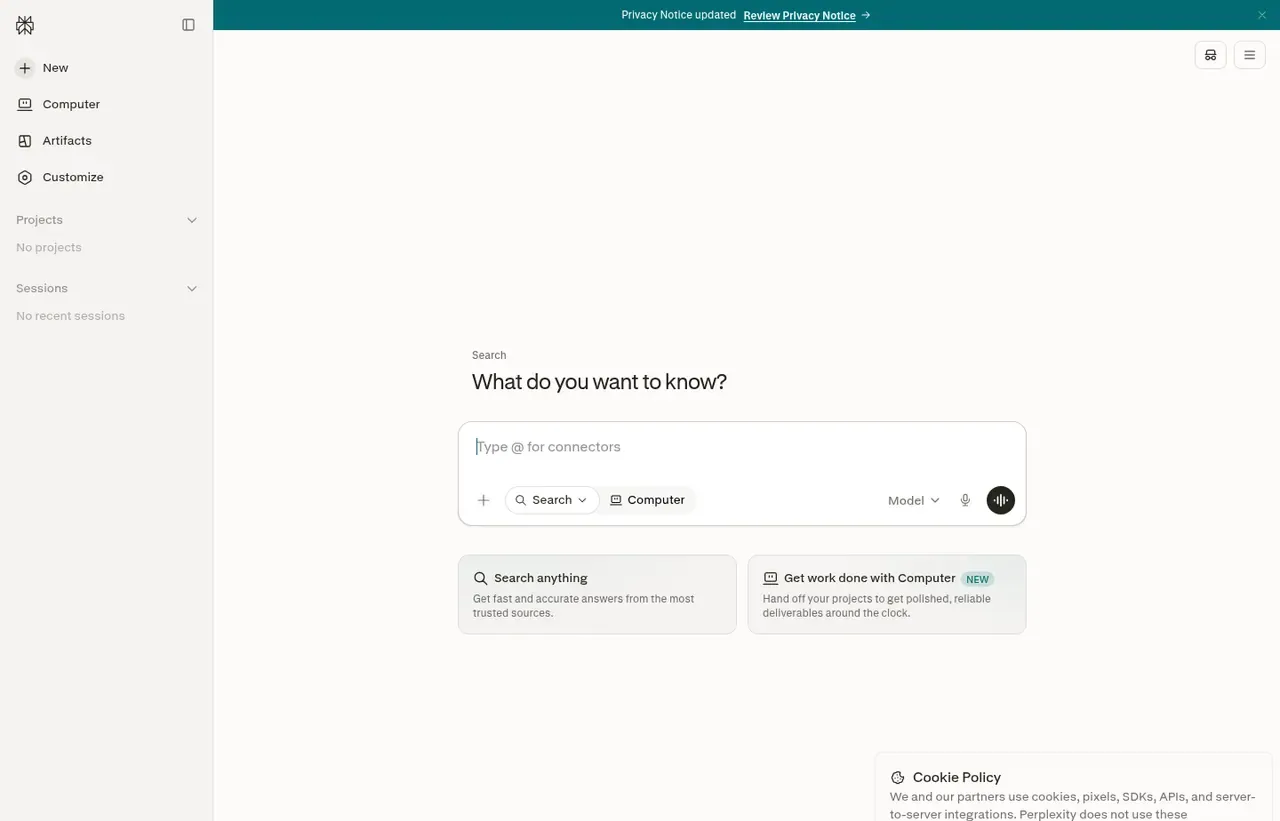 Perplexity homepage, showing how the product presents itself