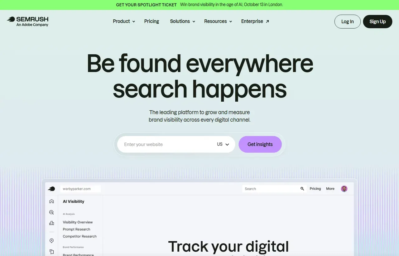 Semrush homepage, showing how the product presents itself