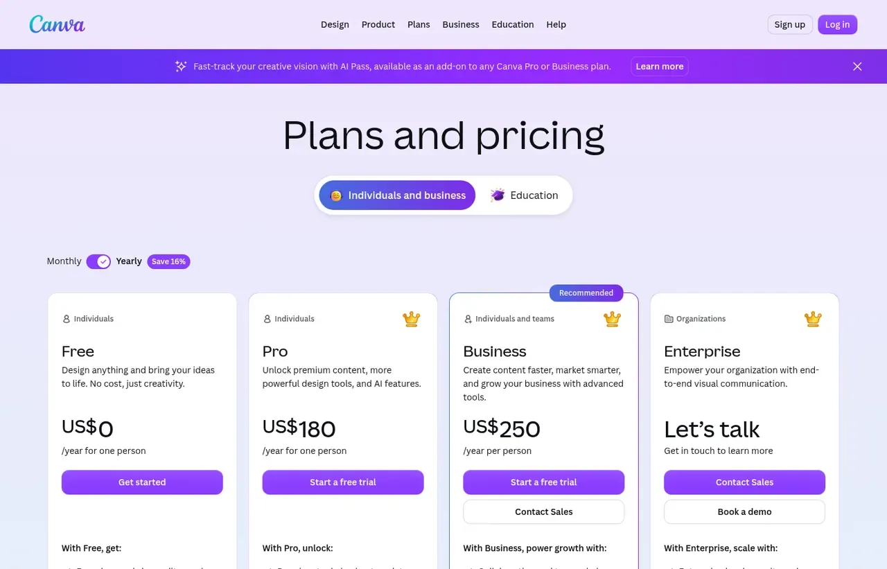 Canva pricing page, the page the prices we record were read from. Currency shown depends on the visitor's region