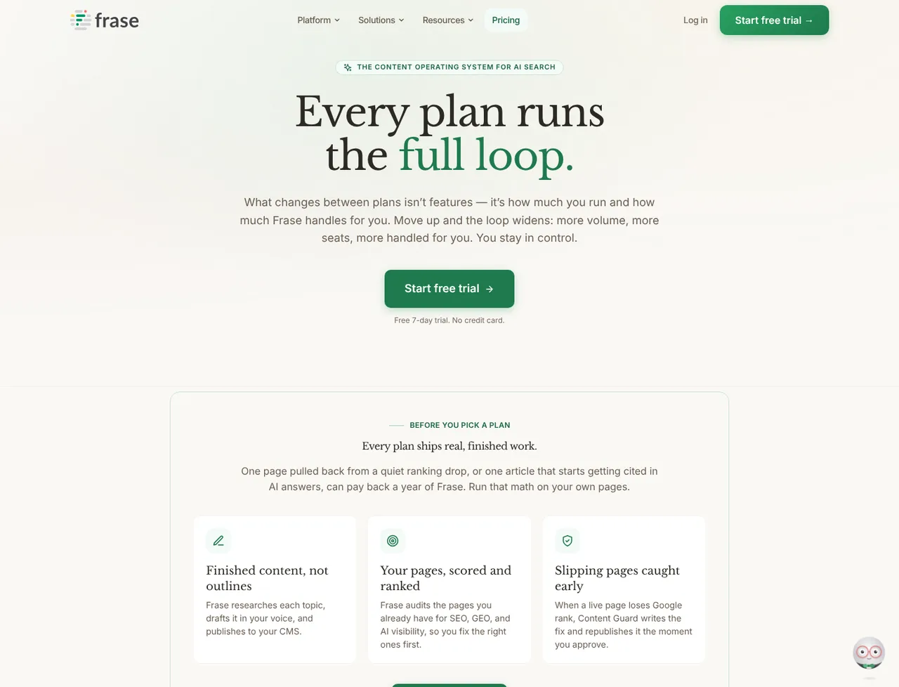 Frase pricing page, showing the published plans and prices recorded on this page