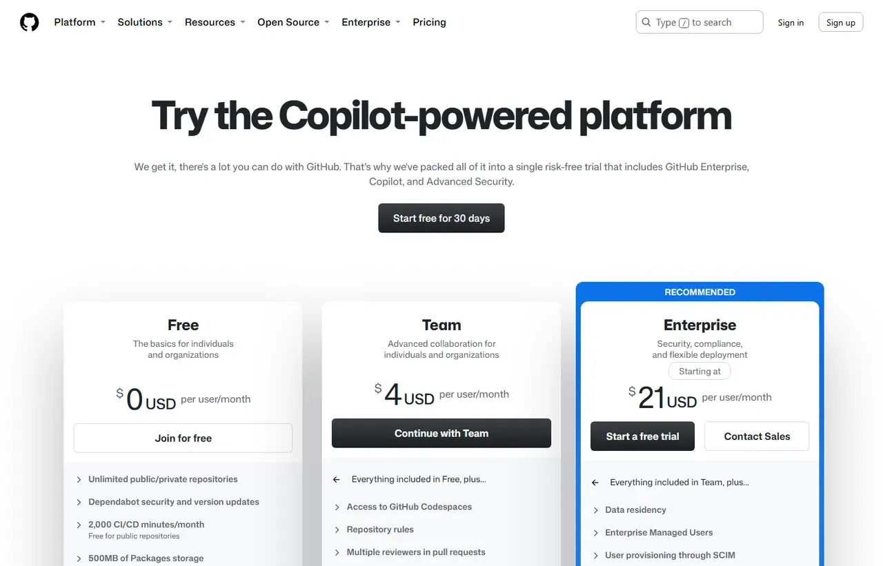GitHub pricing page, the source of the prices recorded on this profile. Currency shown depends on the visitor's region