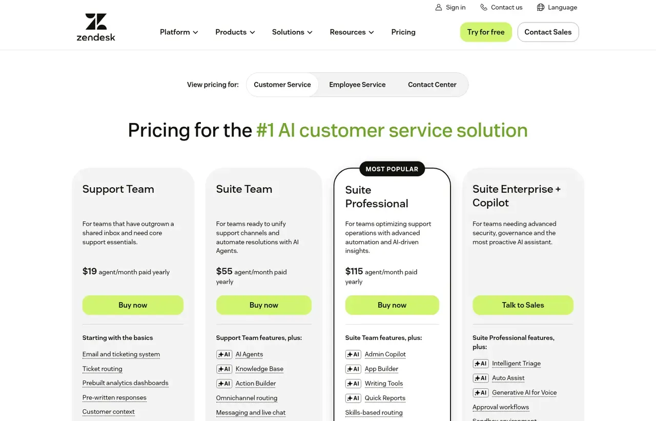 Zendesk pricing page, the page the prices we record were read from. Currency shown depends on the visitor's region