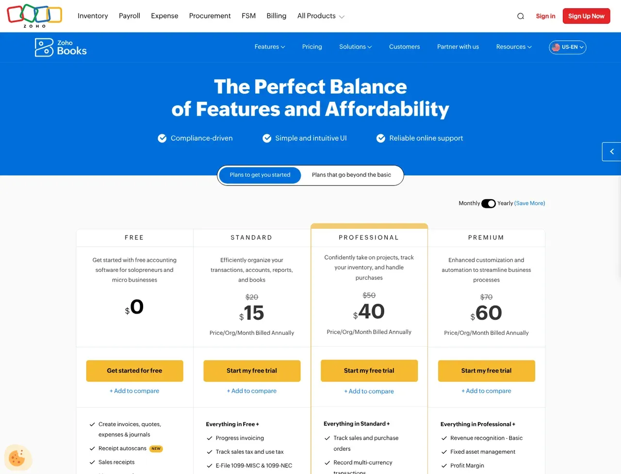 Zoho Books pricing page, the page the prices we record were read from. Currency shown depends on the visitor's region