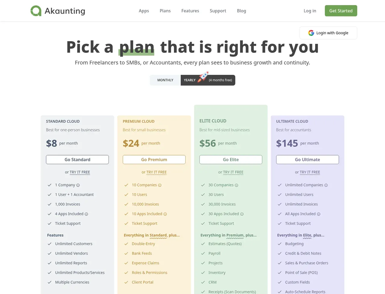 Akaunting pricing page, the page the prices we record were read from. Currency shown depends on the visitor's region