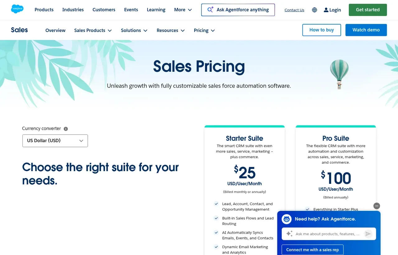 Salesforce pricing page, the page the prices we record were read from. Currency shown depends on the visitor's region