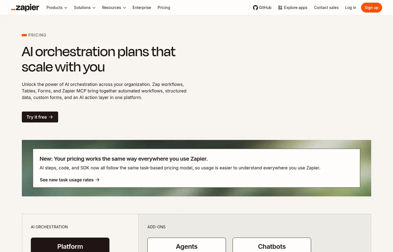 Zapier pricing page, the page the prices we record were read from. Currency shown depends on the visitor's region