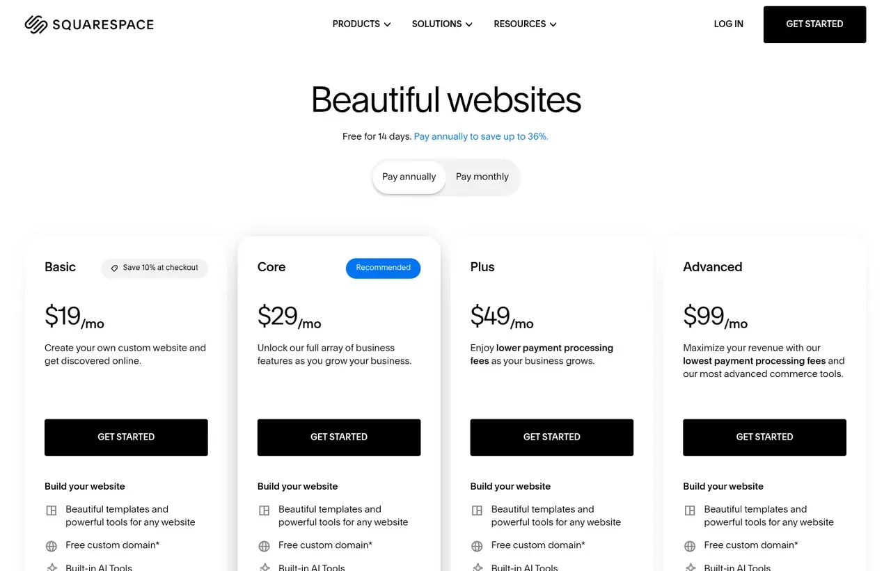 Squarespace pricing page, the page the prices we record were read from. Currency shown depends on the visitor's region