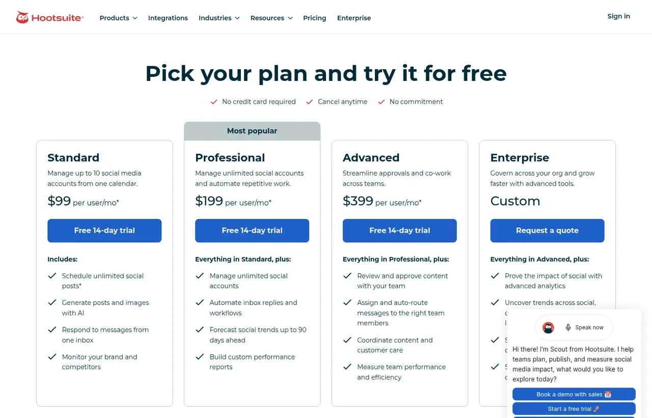 Hootsuite pricing page, the page the prices we record were read from. Currency shown depends on the visitor's region