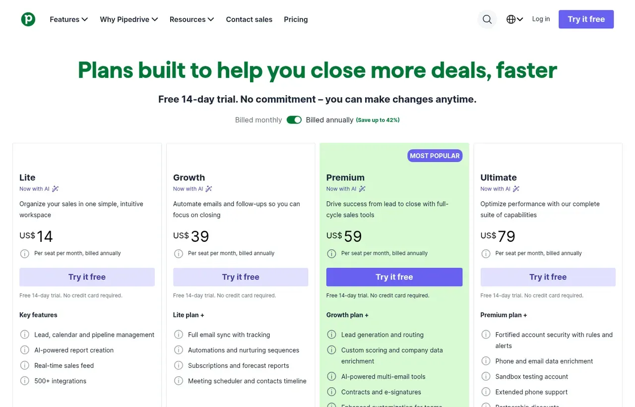 Pipedrive pricing page, the page the prices we record were read from. Currency shown depends on the visitor's region
