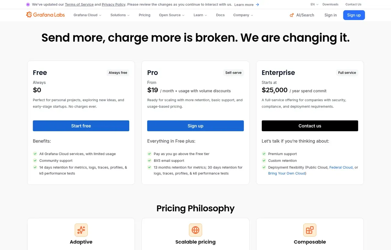 Grafana Cloud pricing page, the page the prices we record were read from. Currency shown depends on the visitor's region