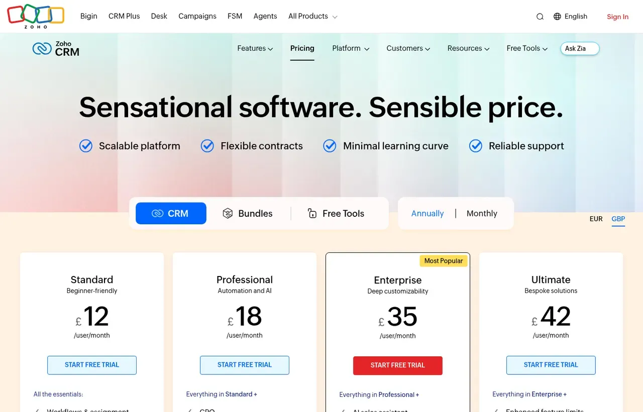 Zoho CRM pricing page, the page the prices we record were read from. Currency shown depends on the visitor's region
