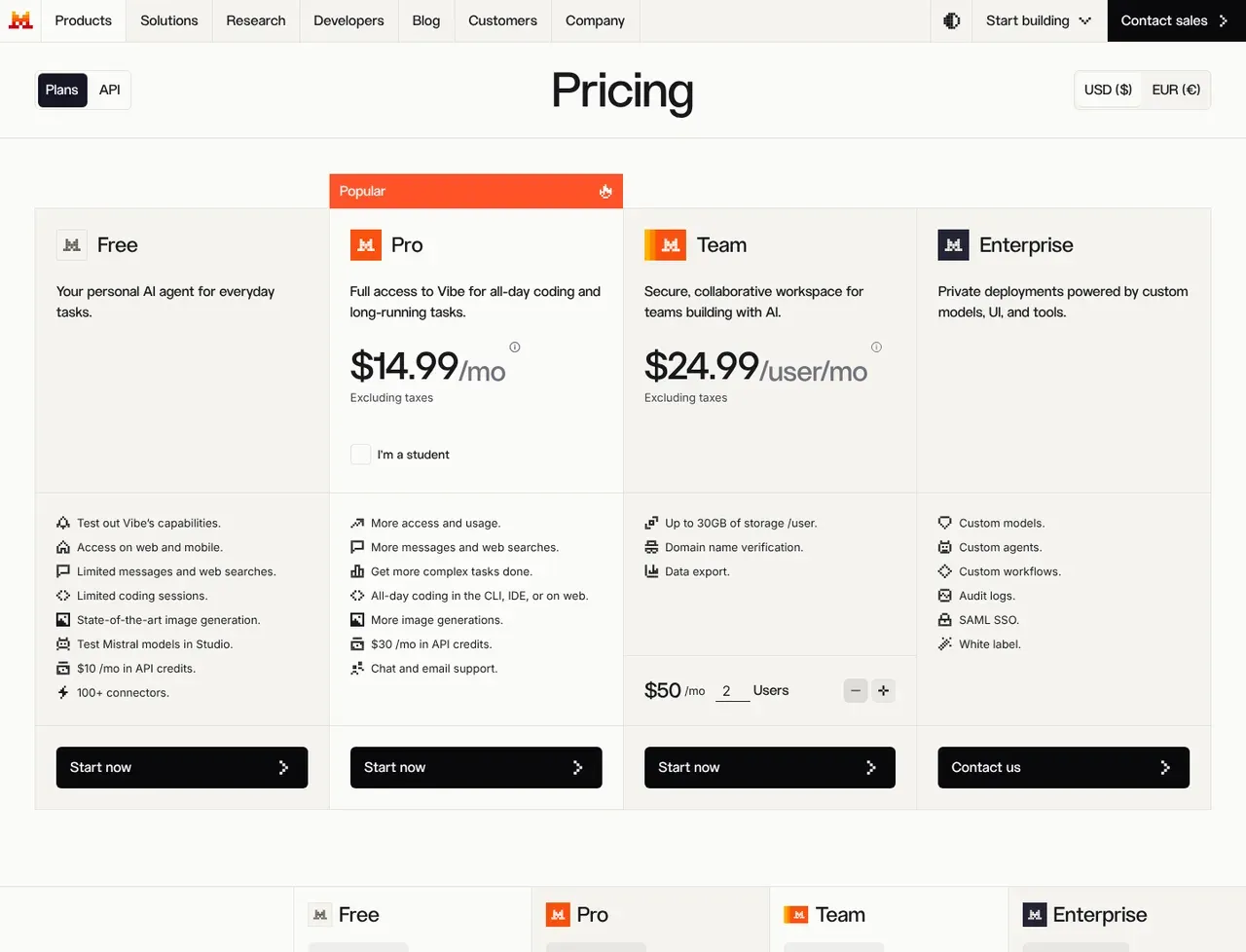 Mistral pricing page, the page the prices we record were read from. Currency shown depends on the visitor's region