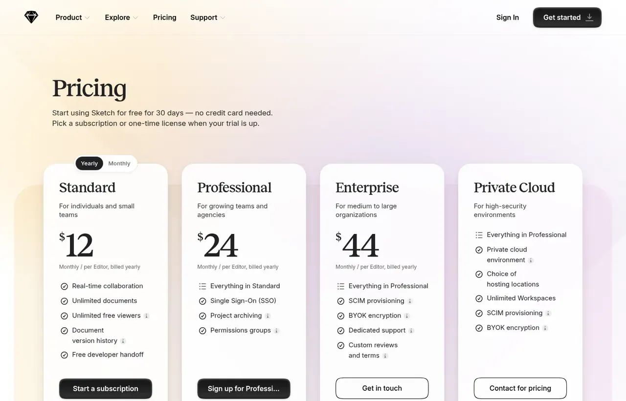 Sketch pricing page, the page the prices we record were read from. Currency shown depends on the visitor's region