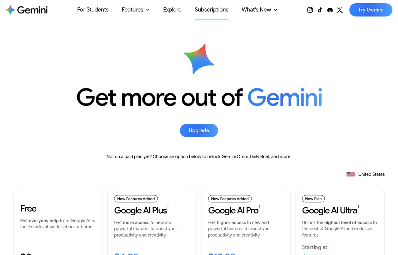 Google Gemini pricing page, the page the prices we record were read from. Currency shown depends on the visitor's region